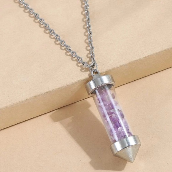 Amethyst Love Vial Tiny Lavender Float Stone Engrave Bottle Chakra Heart Pendant - Picture 12 of 16